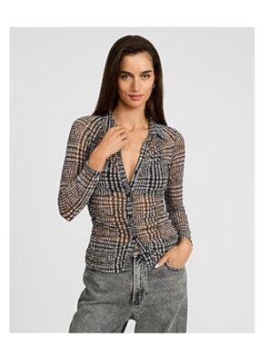 Express Black and Beige Sheer Button-Down Top